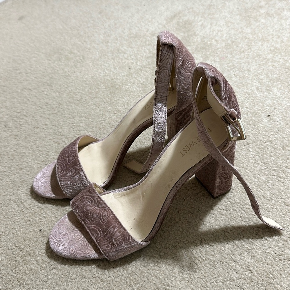 Nine West Pink Velvet Printed Ankle Strap Heel